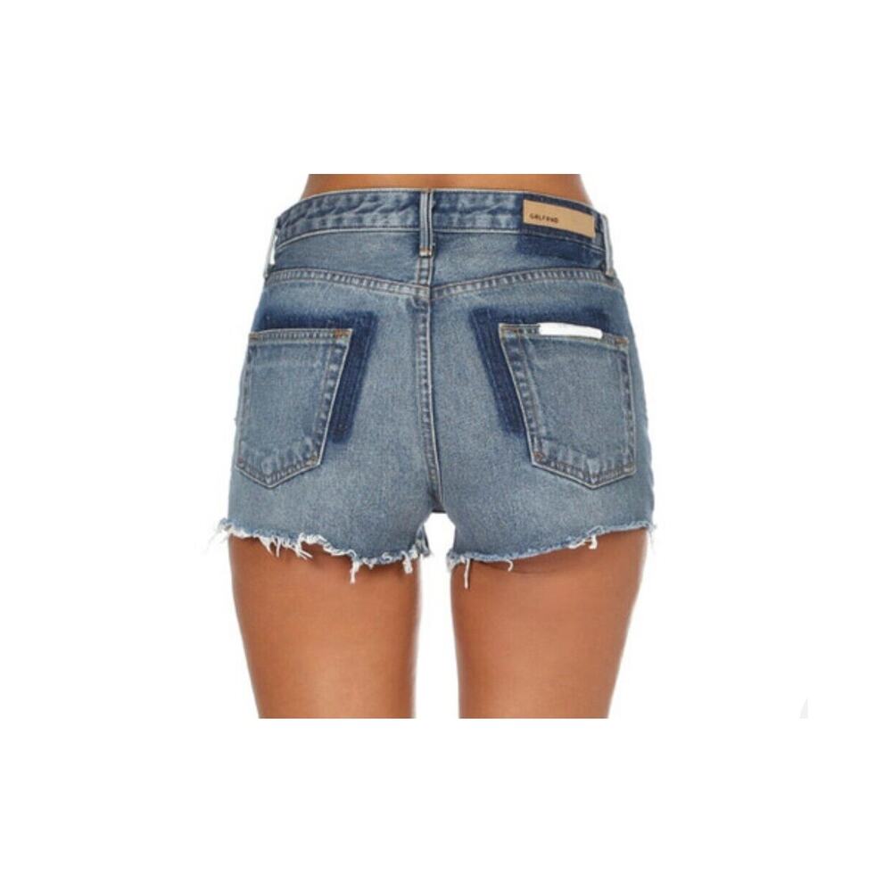 GRLFRND Cindy Button Fly High Rise Medium Blue Wash CutOff Jean Short Raw Hem 32